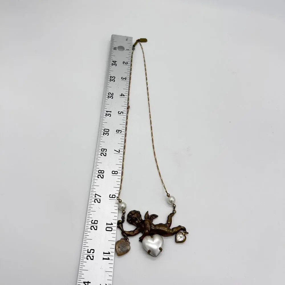 Vintage Piddly Links Cupid Angel Cherub Hearts Necklace Large Statement Boho